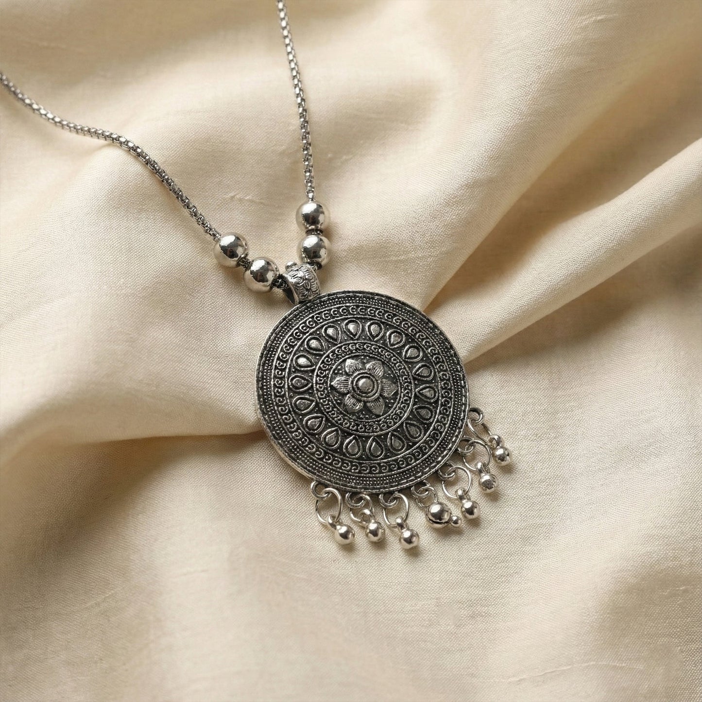 Oxidised Silver Finish Traditional Pendant Necklace – Mix Design (1 Pc)